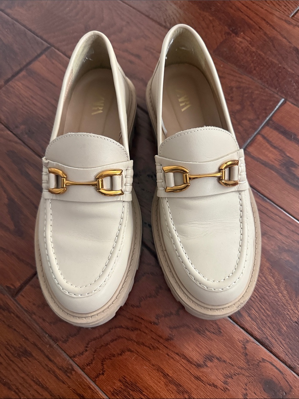 Zara Cream Leather Loafers with Gold Horsebit